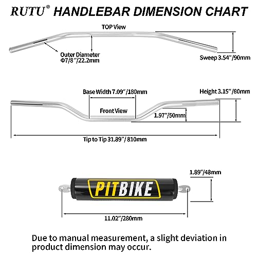 Image of Motorcycle Handlebars 7 /8 Inch,RUTU Universal Dirt Bike Handle Bar with Crossbar Pad Low-Rise Drag Bar for Motocross ATV Quad-Silver