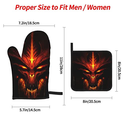 Oven Mitts And Pot Holders Sets Of 4 - Fire Monsters Printed Heat Resistant Bbq Waterproof Oven Gloves For Kitchen Cooking Baking Grilling #TOP1