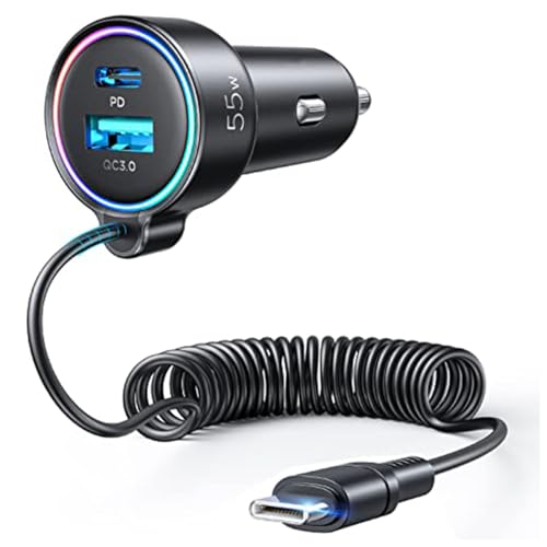 USB C 90W Car Charger for iPhone 17/16 Pro Max, PD & QC3.0 w/5 ft 45W Type C Coiled Cable, Fast Car Phone Charger Adapter for iPhone 17Air/15 Pro, Samsung Galaxy S25/S24/S23, Pixel 10/LG/Android, iPad