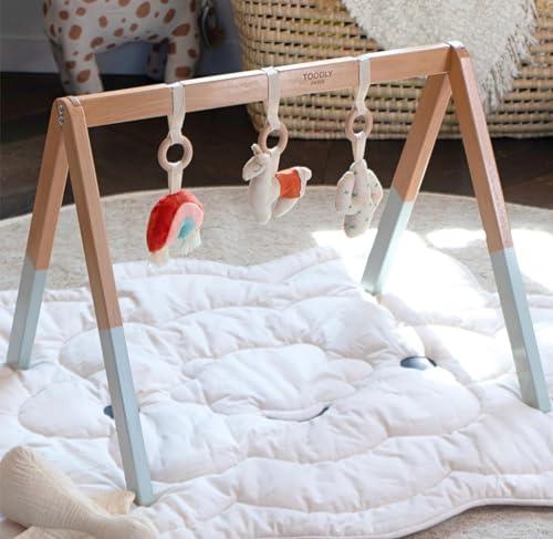 Image of Playful Wooden Baby Play Gym - Wooden Play Mat for Babies 0-6 Months with 3 Plush Hanging Baby Toys - Foldable Activity Mat