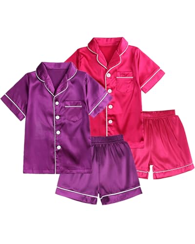 Girls 4 Piece Pajamas Set Silk Button-Up Top and Shorts Boys Sleepwear Nightwear for Kids