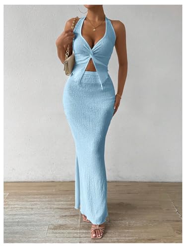Image of SOLY HUX Women's Two Piece Outfits Twist Front Halter Cami Tops and Skirt Summer Set