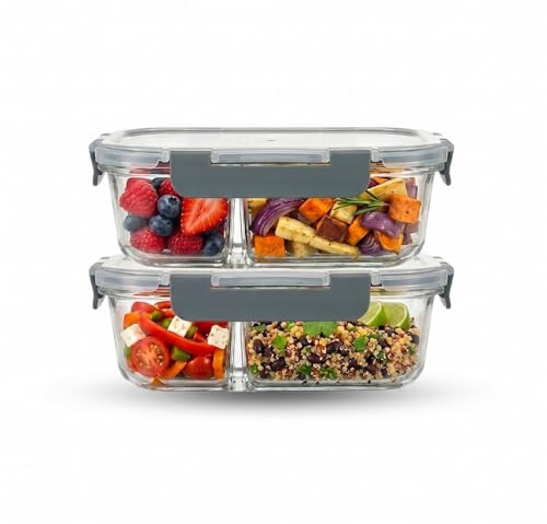 Image of Glass Lunch Box with 2 Compartments | Leakproof Borosilicate Glass Lunch Container with Airtight Lid | BPA Free Tiffin Box for Office, School & Travel (2x980ml)
