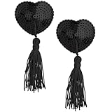 Dimeho Women Breast Pasties Reusable Valentine's Day Nipple Stickers Cover Adhesive Heart-Shaped Breast Bra with Sequins Tassel(Black)