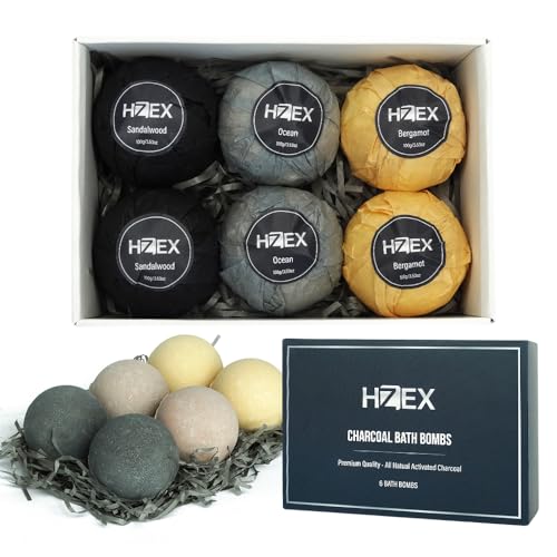 HZEX Charcoal Activated Bath Bombs for Men Detox with Handmade Organic 6 Pack Bath Bomb Set up to 3 Scents (Sandalwood Bergamot Ocean) Individually Wrapped (Mixed)