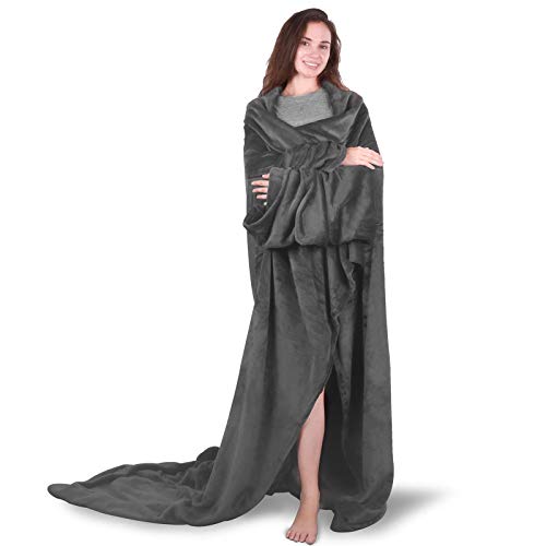 BACKTURE Mantas para Sofa, 180x200cm Batamanta de Coralina Fibra Polar de Microfibra de Franela con Mangas y Bolsillo, Manta Extra Suave Cálido para TV Sala de Estar Cama, 1.4kg, Gris