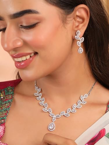 Image of Yellow Chimes Jewellery Set for Women and Girls American Diamond Jewellery Set | Rosegold Rhodium Plated AD Necklace Set for Women | Birthday Gift for Girls & Women