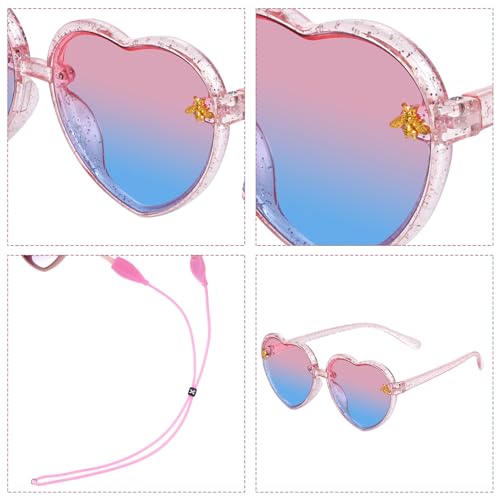 obmwang 2 PCS Kids Heart Shaped Sunglasses Cute Bee Glasses with Strap for Girls Boys Age 3-10 UV400 Protection Outdoor Beach3