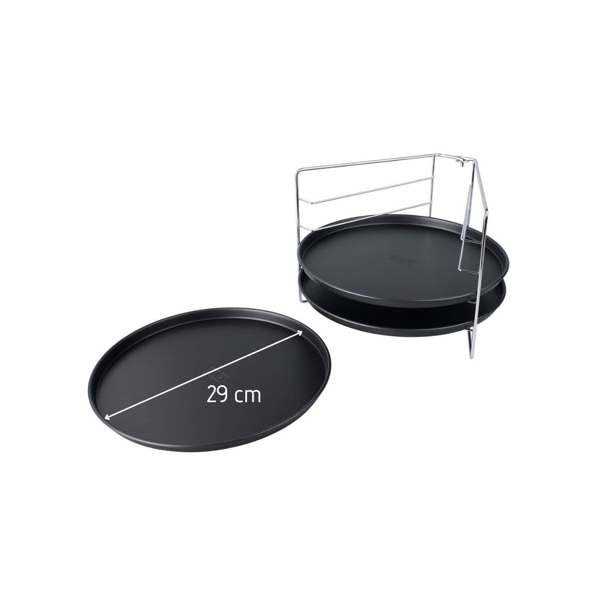 Zenker 7515 Set de cuisson pizza, 3 plaques à pizza et 1 grille four, plaque pizza, plaque de cuisson pour pizza, plat pizza four, moule pizza, Acier, Noir, 29 x 1,5 cm