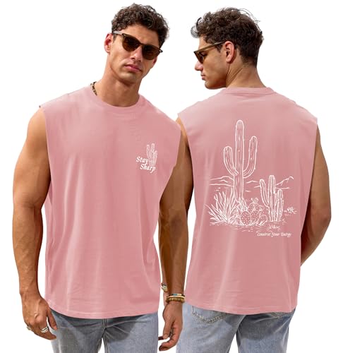 VOGSTART Mens Designer Novelty Sleeveless Tshirts Comfort Cut Off Shirts Summer Print Graphic Vacation Hawaiian Classic Loose Fit Baggy Relaxed Tropical Lightweight Beach Tank Top Pink - Cactus XL