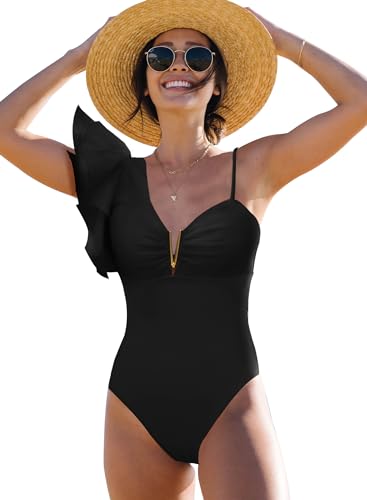 SPORLIKE Women One Piece Swimsuit Ruffle One Shoulder Bathing Suit Padded Monokini