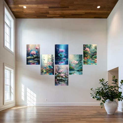Image of SiddArtify Serene Lotus Flowers and Dragonflies Art Print Set - 300GSM Board - 8x12 Inch - Pack of 6 Wall Room Decoration art Poster Prints