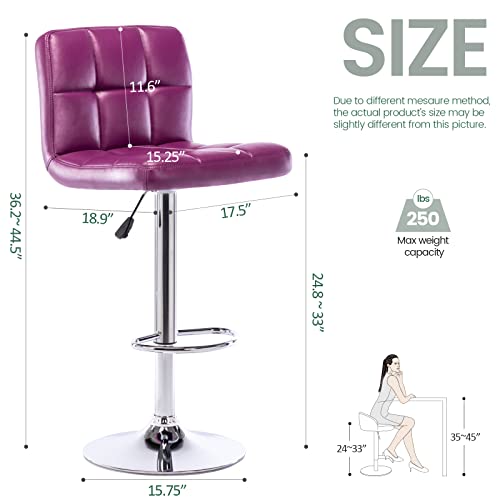 Vogue Furniture Direct Pu Leather Square Bar Stools, Modern Adjustable Swivel Barstools With Back, Armless Airlift Counter Height Chairs For Kitchen Dining Pub Cafe, Set Of 2 (Purple) #TOP2