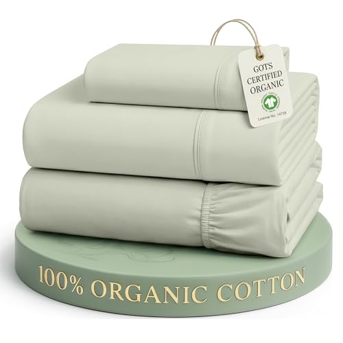 Image of LANE LINEN 100% Organic Cotton Twin Sheets, Soft & Comfy Percale Weave Mercerized Fully Elasticized Reinforsed Seam Naturally Temperature Regulating Cotton Sheets Twin- Mineral