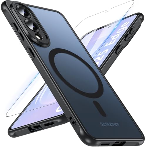 Image of OWKEY for Samsung Galaxy S25 Edge Case 6.7'', Magnetic S25 Edge Case for Magsafe with Tempered Glass Screen, [Shockproof Military] Translucent Back Slim Bumper Cover Phone Case s25 Edge, Black
