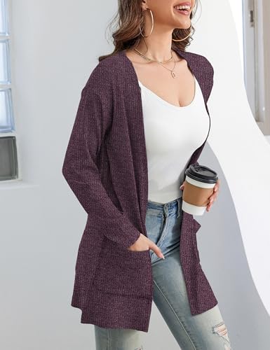 Image of OmicGot Women's Open Front Casual Long Sleeve Knit Classic Sweaters Cardigan with Pockets Mulberry S