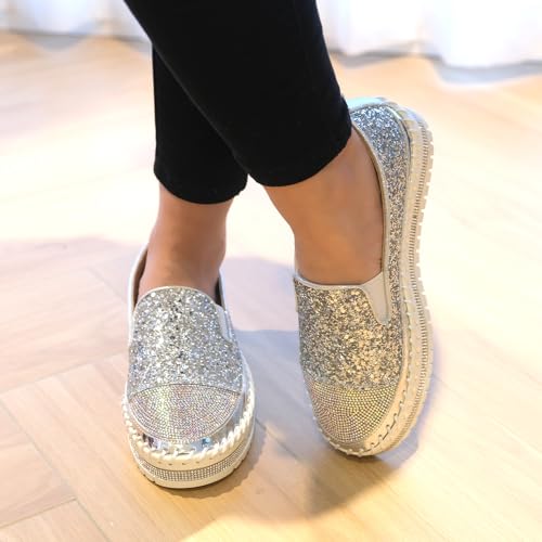 Image of Women's Fashion Rhinestone Slip On Sneakers Casual Comfort Platform Walking Shoes Cute Bowknot Glitter Bling Loafers