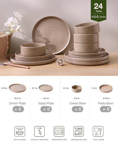 Image of Famiware Nebula Dinnerware Set, 24-Piece Stoneware Plates and Bowls with Pasta Bowls, Service for 6, Microwave & Dishwasher Safe, Cinnamon Brown