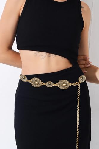 Western-Concho-Belt-Women Cowgirl-Metal-Belts Boho Silver Vintage Turquoise Chain Belt for Dress Jeans4