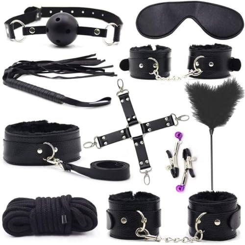 10 Pcs Sex Bondage BDSM Kit Restraints Adult Sex Toys for Couples Neck to Wrist SM Gear & Accessories Game Sets with Adjustable Handcuffs Ankle Thigh Cuff Cross Waist Strap Sweater 34572(Black)