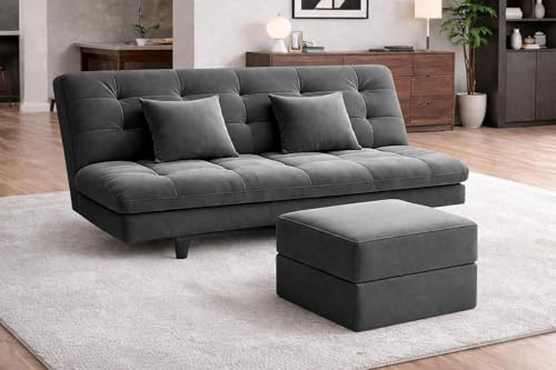 Image of Rosebell Modern Three-Seater Sofa Cum Bed - Foldable Velevt Fabric Sofa, Foam Seating Stylish Design for Living Room, Guest Room & Office - Grey Color