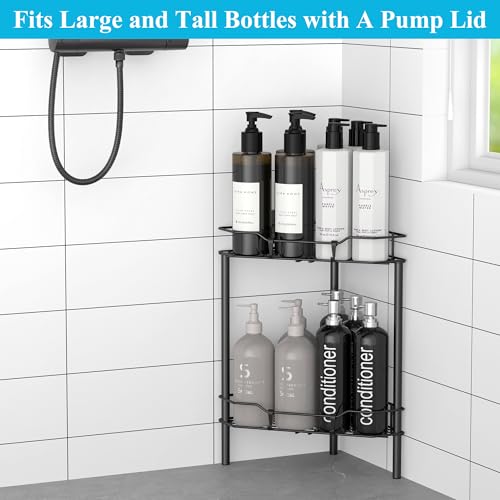Image of HuggieGems 2 Tier Floor Standing Corner Shower Caddy Organizer Shelf with Hooks, Bathroom Shelves Stand Rack, Black
