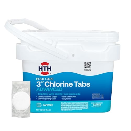 Image of HTH 42055W Pool Care 3 inch Chlorine Tabs Advanced, Individually Wrapped Tablets - Swimming Pool Sanitizer with Clarifier & Algaecide, Destroys Bacteria & Algae, Delivers Clear Water All Season, 25 lbs