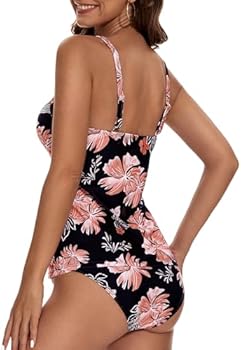 Aottori Tankini voor dames, buikweg badpak, 2-delig push-up badmode set, beachwear, V-hals zwempak, grote maten, sexy swimsuit met badeshorts, Groene bloem, XL