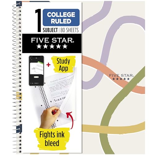 Image of Five Star Spiral Notebook + Study App, 1 Subject, College Ruled, 8-1 /2 inch x 11 inch, 80 Sheets, Fights Ink Bleed, Water Resistant Covers, Organic Lines (820233F)