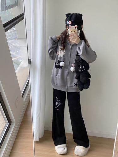 Womens Y2K Corduroy Cute Print Pants Embroidery Kawaii Cartoon Trousers High Waist Casual Sweatpants2