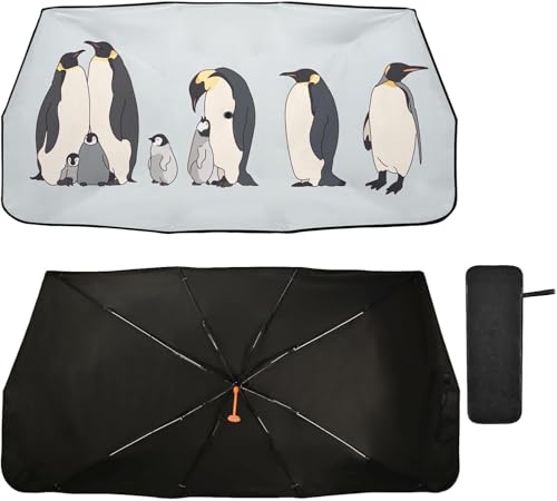 車用サンシェード 傘型 折りたたみ式 サンシェード 車用 遮光 遮熱 UVカット 紫外線遮蔽 ペンギン かわいい 可愛い フロントガラス用 車用パラソル 日よけ 日焼け対策 10秒取付け簡単 収納便利 収納ポーチ付き 暑さ対策 車中泊 仮眠 プライバシー保