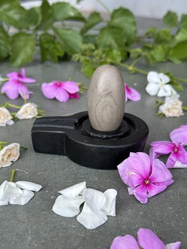 Image of Shivam VASTU AKAL 1.5 inch Original Narmadeshwar Narmada Shivling with 3 inch Narmada Stone Yoni Base Jaladhari (Ardhanarishwar Shivling, Black Flate Jaladhari)