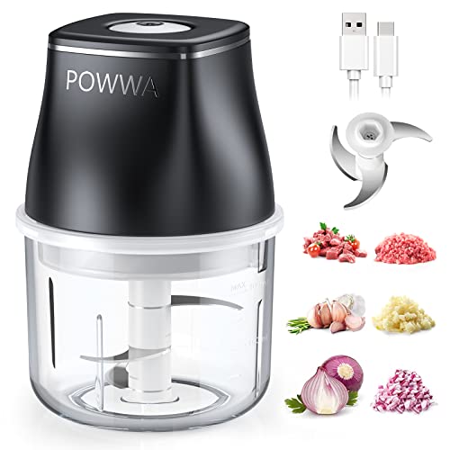 Picadora Electrica, POWWA Mini Picador de Cebollas, Recargable USB, IPX5 Impermeable, Cuchillas Desmontables, Mini Chopper Portátil de Ajos para Cocina, Alimentos para Bebés, Carne, Frutas -200ml