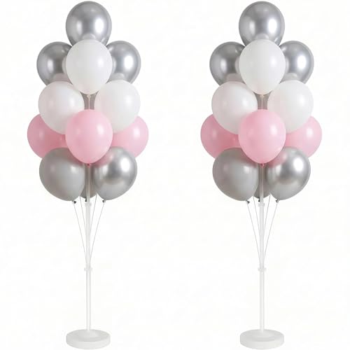 Image of 2 Set Balloon Stand Kit with Metallic Silver Pearl Light Balloons Column Kit for Floor&Table Backdrop Decor for Theme,Gender Reveal Party Weddind,Bridal Shower Birthday Graduation