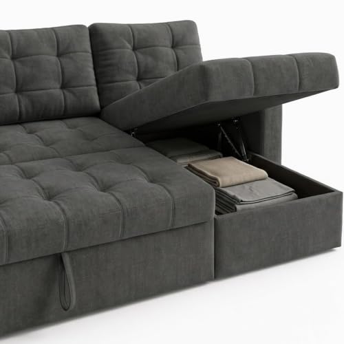 Image of CASASTYLE Sumur 4 Seater RHS L Shape Sofa with Pull Out Bed & Storage Lounger | Premium Soft Velvet Suede Fabric | Comfort Cushions | Ideal for Living Room, Hotel & Office (Dark Grey)