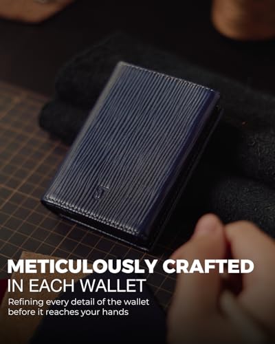 Jenoss Smart Wallet For Men: Full Grain Leather, Handcrafted, Slide Metal Pop Up Case, Slim RFID Blocking Credit Card Holder, Minimalist, Compact - 9-12 Card Organizers | ID | Money Clip (EPI Navy)4