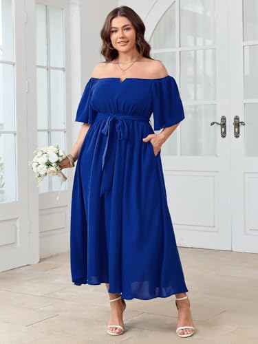 Image of SCOMCHIC Womens Plus Size Formal Dresses Off The Shoulder Wedding Guest Cocktail A-Line Split Maxi Dress with Pockets