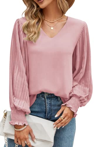 Odosalii - Blusa elegante de gasa para mujer, con manga plisada de linterna y cuello en V, color sólido, ajuste holgado, casual, rosa, XXL