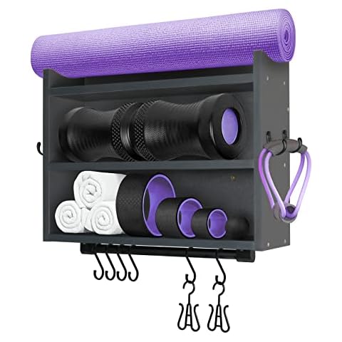 Wall Shelf Organizer for Peloton - TAYUQEE Wall Mount Peloton Shelf for Home Gym Organizer with Hooks, Sturdy Wooden Storage Rack Shelf for Yoga Mat, Towel, Bike Shoes, Bottles Cover