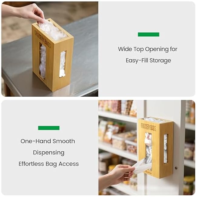Extra Large Bamboo Grocery Bag Holder & Plastic Bag Organizer, Under Sink Cabinet or Wall Mounted Storage, Space-Saving Dispenser for Kitchen, Pantry, Garage, Laundry Room