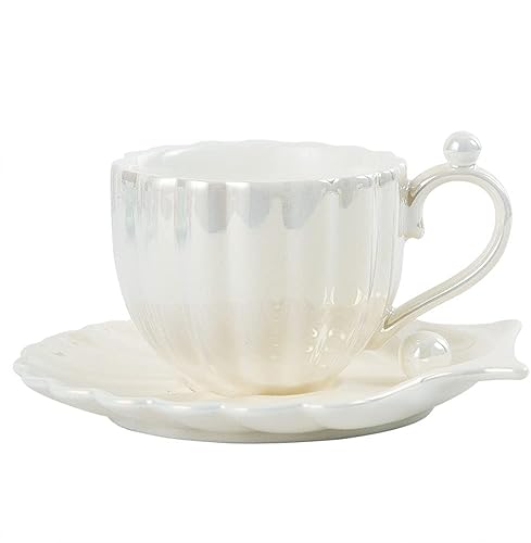Taza de café de concha de perla de cerámica, exquisita taza de café y platillo para taza de té de la tarde, 8.1 fl oz, regalo de cumpleaños,