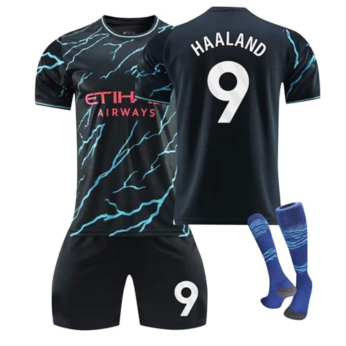 Man City 23/24 Trikots Hause/Auswärts Trainingsanzug Fußballtrikot Shorts Socken Set，2023 Neu Fußball Trikot Nr.9 Haaland Trikot Set Fußballtrikot Kinder/Erwachsene,Football Jersey für Junge Herren