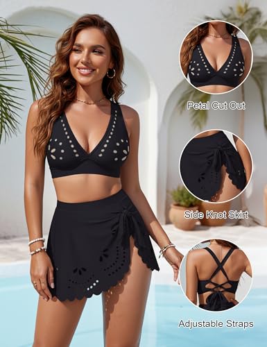 Blooming Jelly Womens High Waisted Bikini Sets Cutout Full Coverage Swimsuits Sexy Bathing Suits Over 60 (L, Black)