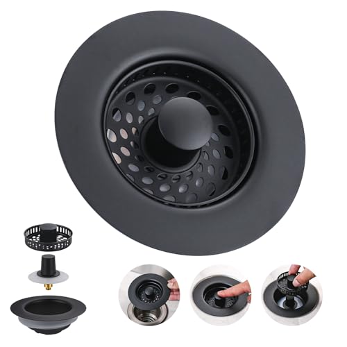 ARCORA Kitchen Sink Drain Strainer: Stainless Steel 3 in 1 Sink Stopper with Anti-Clogging Basket Kitchen Strainer with Brass Bounce Core for Standard 3-1/2 Inch Drain Matte Black