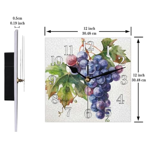 Mintoprints Grape Wall Clock Grapes Fruit 12 Inches Square Clock Silent Non Ticking Battery Operated for Living Room Decor Clock