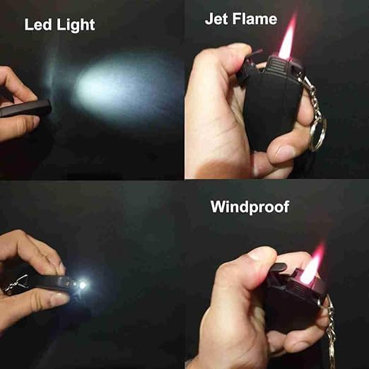 Image of Car Keychain with Cool Red Jet Flame Pocket Lighter Cigarette Stylish Antique Lighter Outdoor Survival Tool Men's Smoking Lighter (with LED)