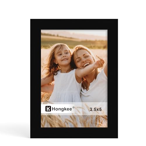 Hongkee 3.5x5 Picture Frame Made of Solid Wood With Real Glass Frame Horizontal and Vertical Display for Wall or Tabletop (Black 1 Pack)