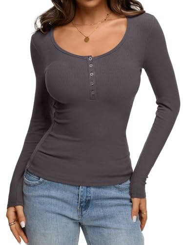 REORIA Women's 2025 Fall Long Sleeve Henley T Shirts Button Ribbed Knit Slim Fit Casual Basic Tops Blouse Smoke Grey Small — view 2