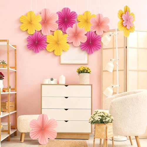 Image of Easy Joy Paper Flowers Decorations for Wall Paper Fans Classroom Decoration Paper Floral Backdrop Decor Paper Fans Decoration Hanging Paper Fans Pink Flower Wall Decor, Set of 9