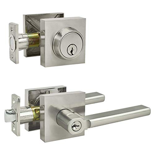 Image of Nuk3y Hulk Series Lever Door Handle Slim Square Modern Contemporary Lever Set (Entry & Deadbolt Combo [Keyed Alike], Satin Nickel)